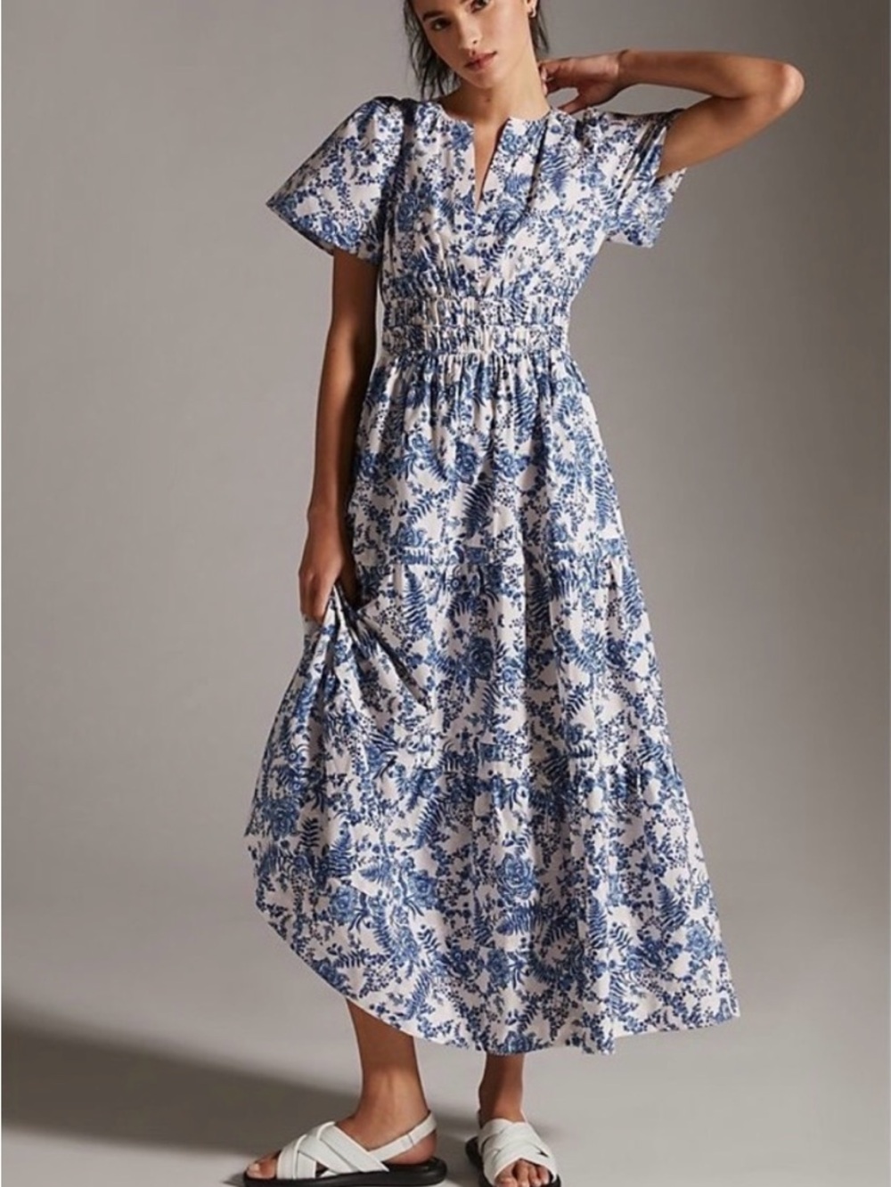 Anthropologie Blue and White Floral Smocked Maxi Dress